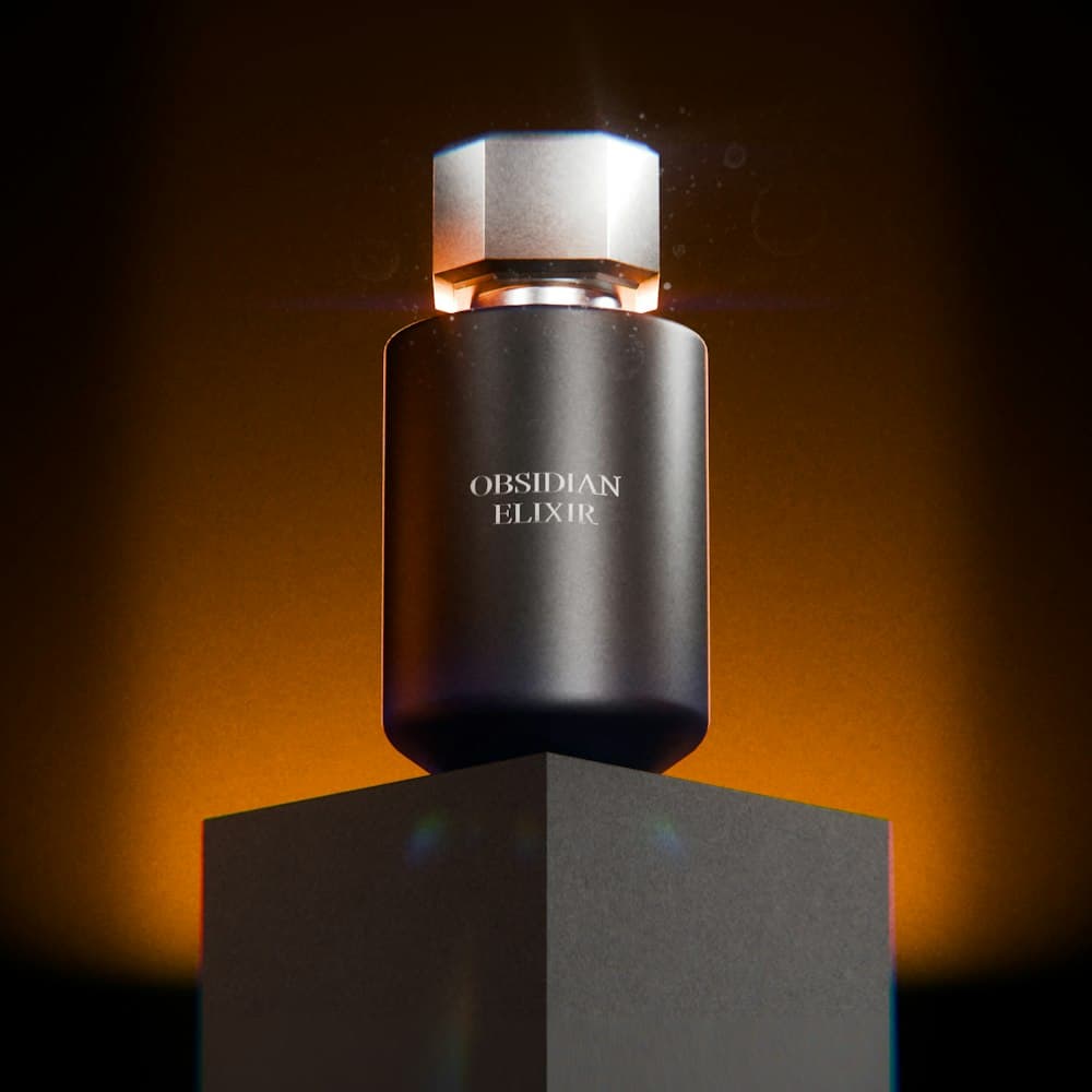 Dark fragrance bottle on a pedestal